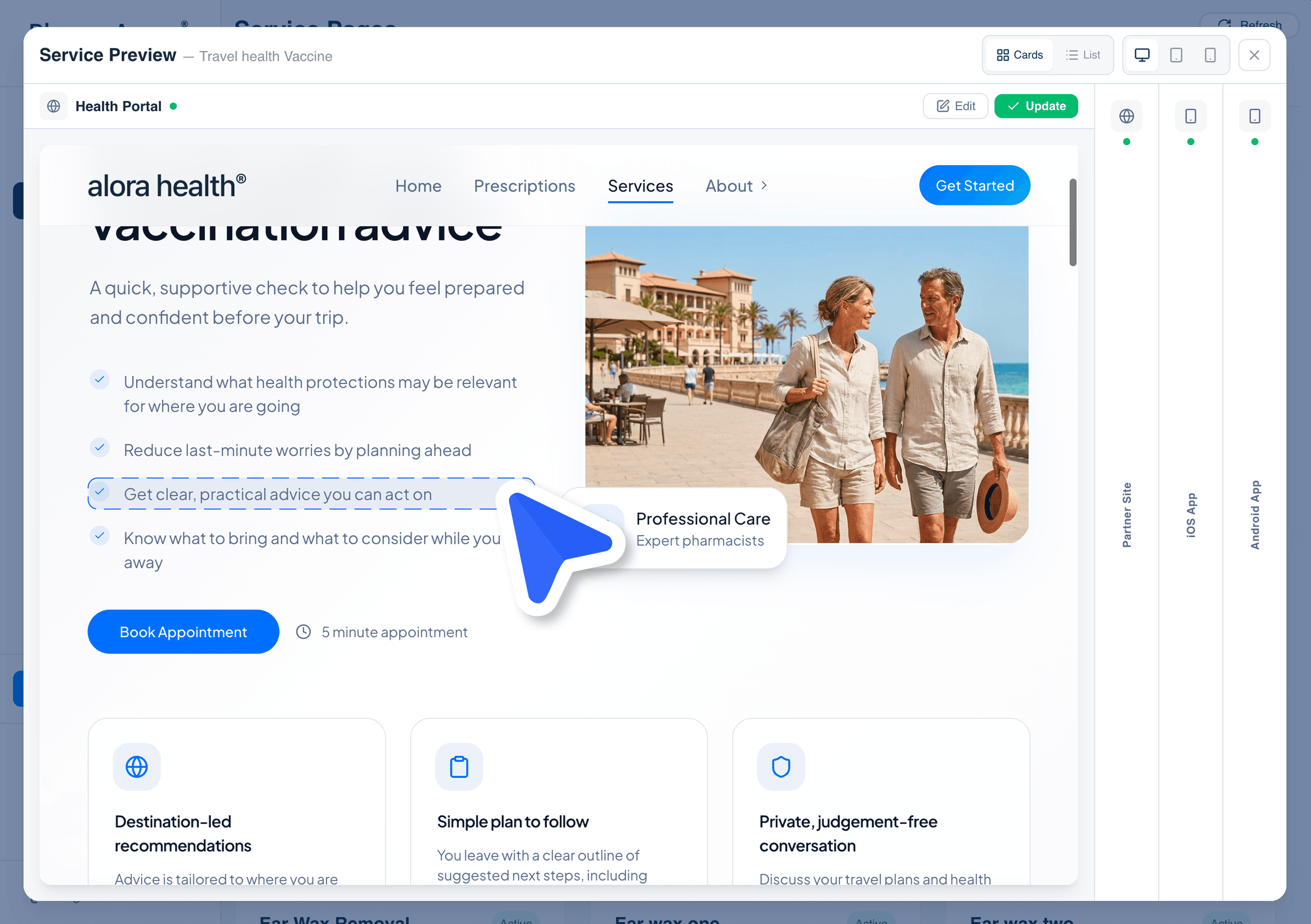 CMS service preview: editing a travel health vaccination page with live website preview and multi-channel sync